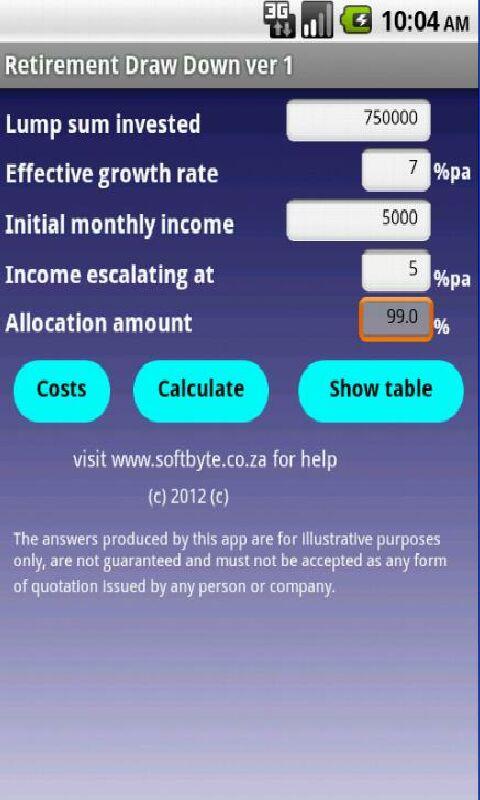 Android application Retirement Draw Down screenshort
