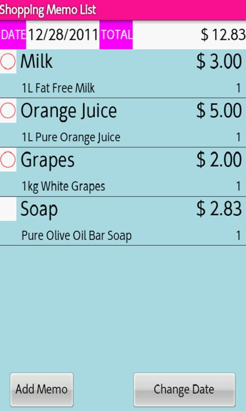 Android application Shopping Memo Book screenshort