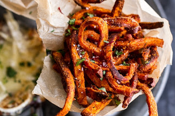 Skinny Tandoori Butter Sweet Potato Fries w/Creamy Baked Harissa Feta.