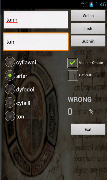 Welsh Irish-Gaelic Dictionary Screen 2