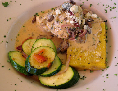 Family recipe: The Cream Chicken and Polenta features two seasoned chicken breasts on top of grilled