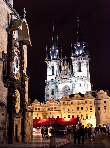 Czech-Prague-Town-Square-astronomical-clock - The 600-year-old astronomical clock (left) in Prague's Old Town Square is a medieval world wonder.