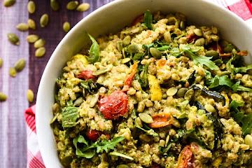 Pesto Farro Salad with Roasted Summer Vegetables