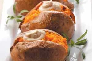 Microwave Sweet Potatoes with Cream Cheese Topping