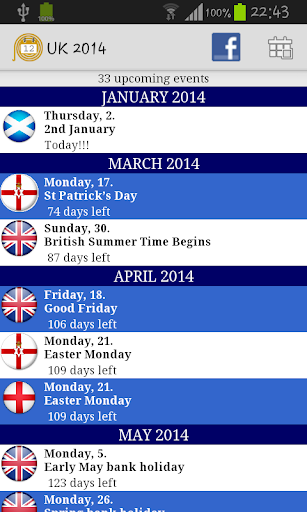 UK Holidays Calendar 2014