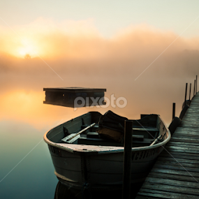 Calm, Misty Lake With Pier And Boats (Boat Close) by Joe Boyle - Transportation Boats