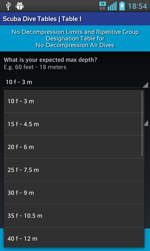 Android application Scuba Dive Tables screenshort