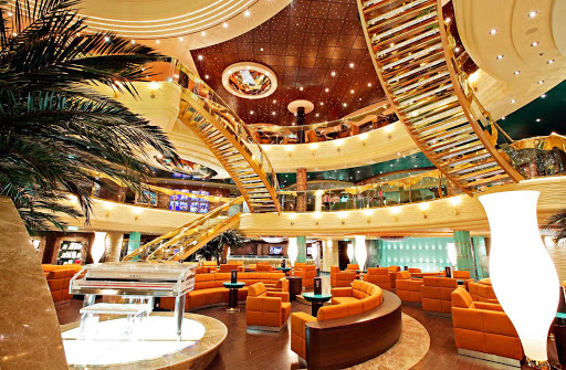 MSC-Fantasia-Main-Foyer - The soaring atrium of MSC Fantasia features staircases studded with Swarovski crystals.