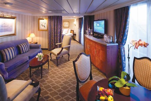 Azamara Quest's Club Ocean Suite features a separate living room, floor-to-ceiling sliding glass doors, refrigerator with mini-bar, air conditioning, vanity and marble master bath.  The staterooms are 440 to 501 square feet, with another 233 square feet for the veranda.