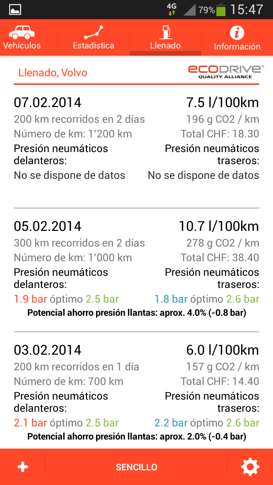 Android application Treibstoffverbrauch screenshort