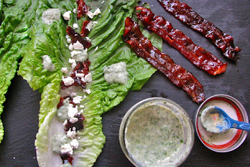 Simple Romaine Salad, with Greek Yogurt Ranch Dressing, Candied Bacon, and Feta
