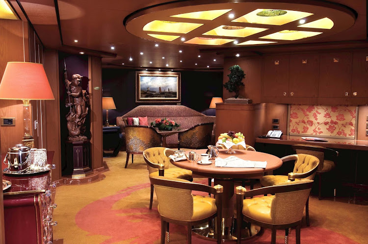 The Pinnacle Suite (Penthouse Veranda Suite) aboard Holland America Line rewards you with about 1,296 square feet, including aprivate  veranda, kind bed, oversize whirlpool bath, living room, mini-bar, floor-to-celing windows, large-screen TV and concierge service.