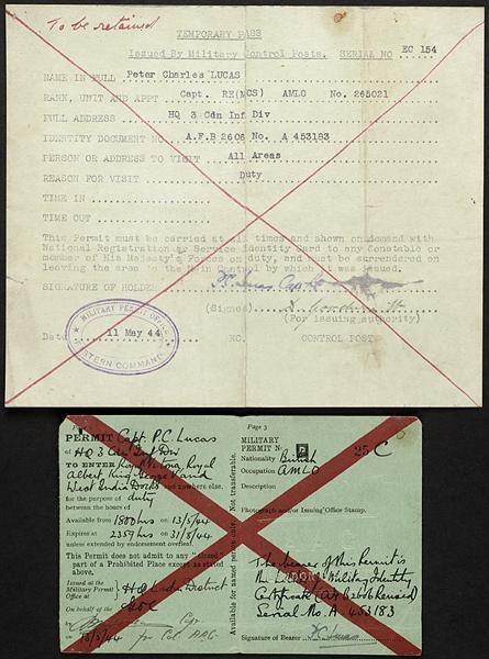 Permits issued to Captain Peter Lucas, Assistant Military Landing Officer (RE), 7th Beach Group (7th Canadian Brigade, 3rd Canadian Division) on Juno Beach on D-Day, 6 June 1944