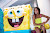 A girl poses for a photo with SpongeBob in the Aqua Park pool aboard Norwegian Breakaway.