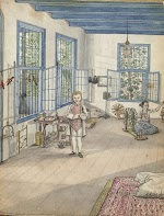 Woonkamer in het huis van Jan Brandes in Batavia met zijn zoontje Jan en slavin Flora. Jan Brandes, 1784