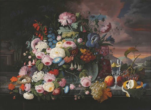 Still Life of Flowers and Fruit with a River Landscape in the Distance