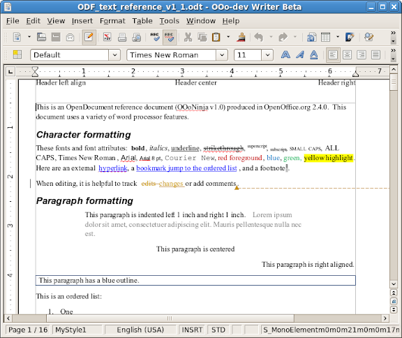 Screenshot of OpenOffice.org Writer of original document used in this test