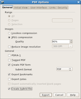 OpenOffice.org 3.0 PDF export dialog showing the new hybrid PDF export option