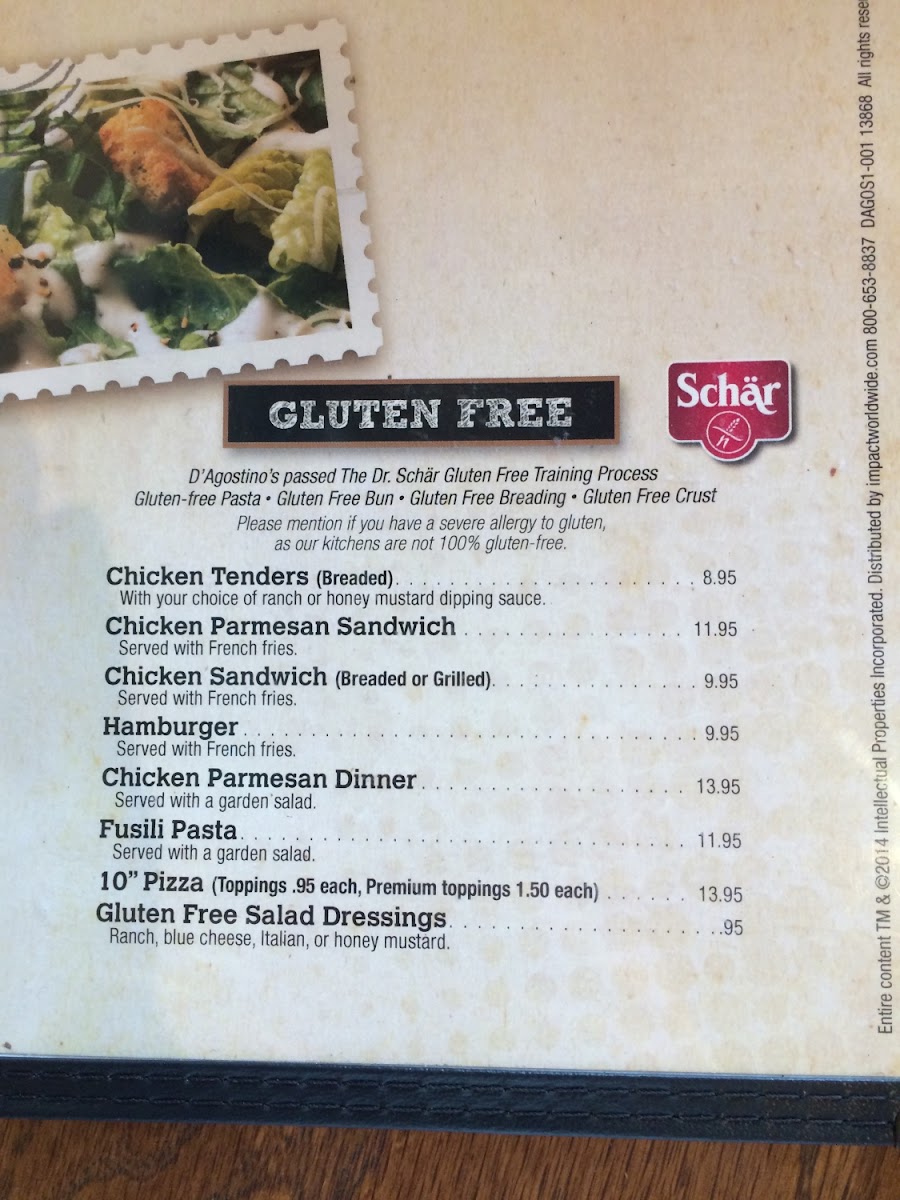 entirety of gluten free menu
