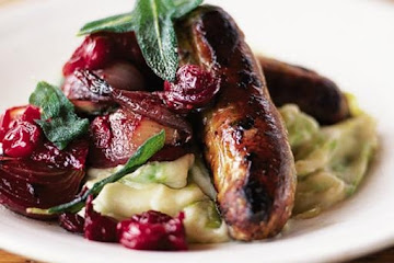Sausages with pan cooked chutney and leek mash