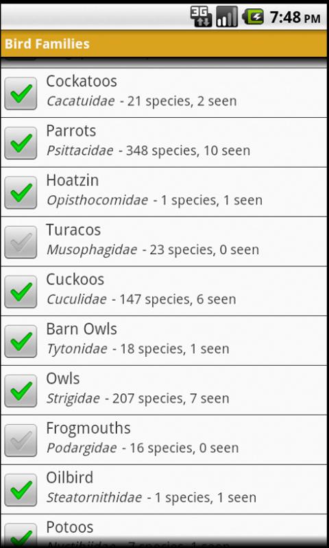Android application Bird Family ticklist screenshort