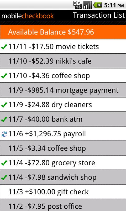 Mobile Checkbook Screen 3