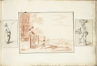 Vrouw met een stoof, twee mannen bij een landshuis en een man met manden