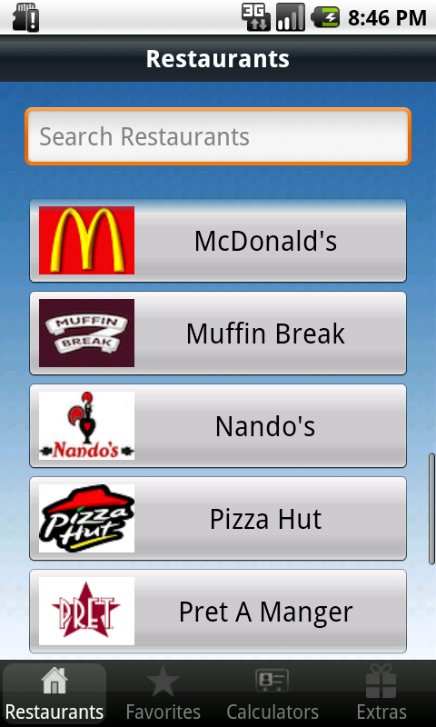 Android application UK Fast Food Nutrition Calorie screenshort