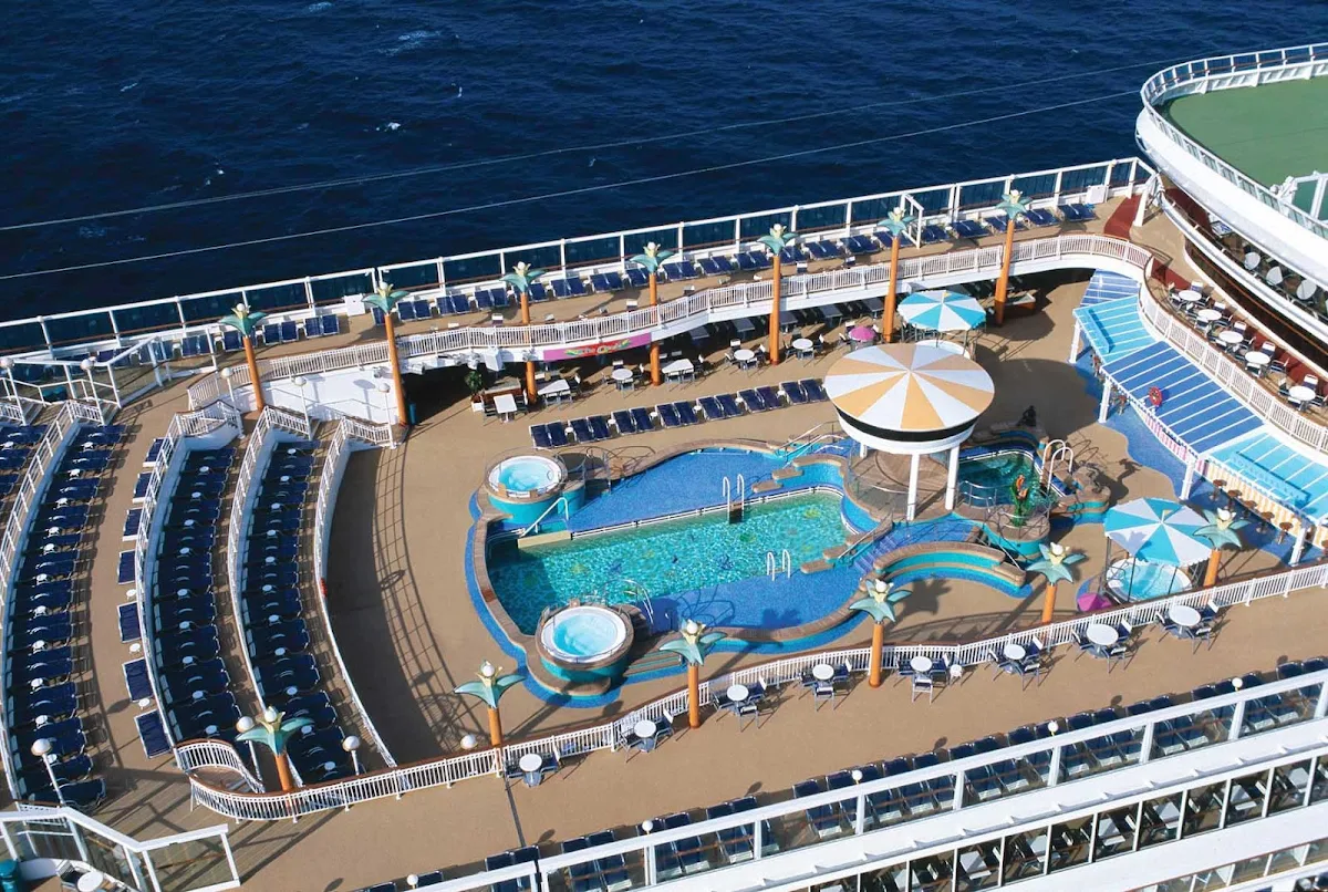 Norwegian-Dawn-Aerial-Pool-Deck - Swim, sunbathe and have a nice chat and some drinks with your pals on Norwegian Dawn's pool deck.