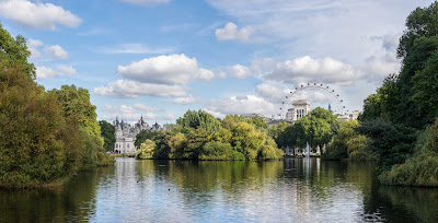 View of St. James's Park Lake in London taken from the Blue Bridge. 