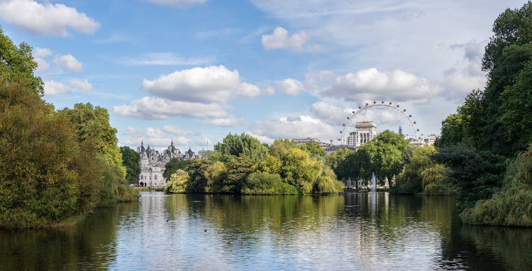 View of St. James's Park Lake in London taken from the Blue Bridge. 