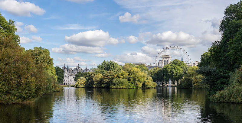 View of St. James's Park Lake in London taken from the Blue Bridge.