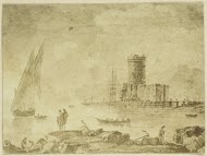 Tekening 'La mer calme' met schip op rustig water