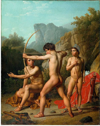 Three Spartan boys practising archery