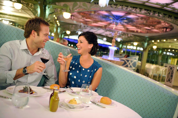 Enchanted Garden, the main restaurant on deck 2 of Disney Magic, features a continental menu for breakfast lunch and dinner -- and a décor,  inspired by the gardens of Versailles, that transforms from day to night over the course of your meal.  