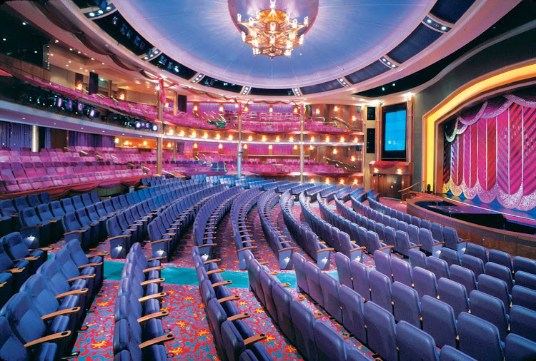 Voyager of the Seas' elegant La Scala Theatre uses state-of-the-art production technology to stage Broadway-standard shows in the evening.