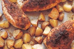 Smoky Roasted Chicken Breasts with Potatoes and Sherry Sauce