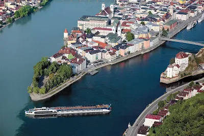 The 164-passenger AmaPrima sails through Passau in Bavaria, Germany.