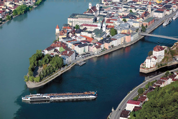 The 164-passenger AmaPrima sails through Passau in Bavaria, Germany.