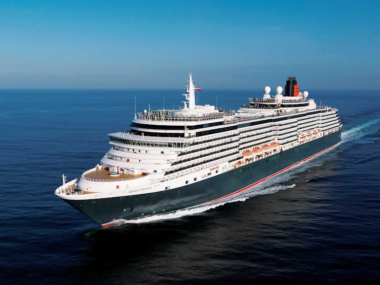 Cunard's Queen Victoria at sea. The ocean liner travels to the Caribbean, Central America, South Pacific, Mediterranean, Northern Europe and transatlantic routes. 