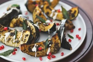 Roasted Squash with Yogurt Dressing and Pomegranate Seeds