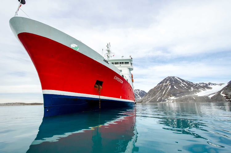 The G Adventures cruise ship Expedition ship is anchored during a stay in Svalbard, Norway.