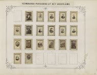 Twee albumbladen met namen en afbeeldingen van Nederlandse schrijvers, dichters, wetenschappers, staatslieden en beeldend kunstenaars