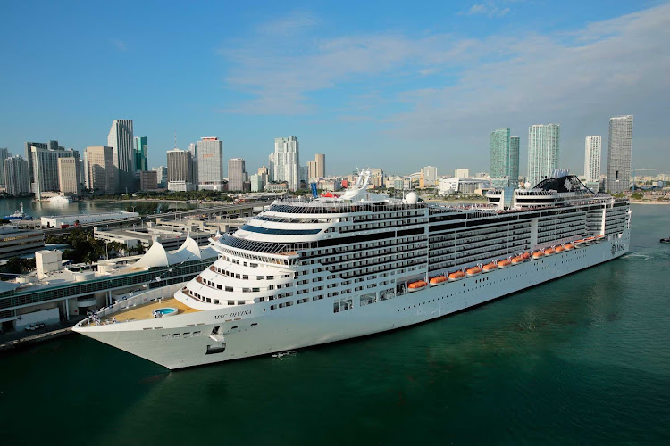 MSC Divina sails past the Miami skyline. The Divina, named in honor of actress Sophia Loren, features an infinity pool  overlooking the ship’s wake, 150 fountains, a superb theater, water park and a choice of roomy suites. 