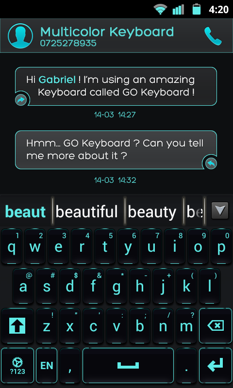 GO Keyboard Black Cyan Theme Screen 3