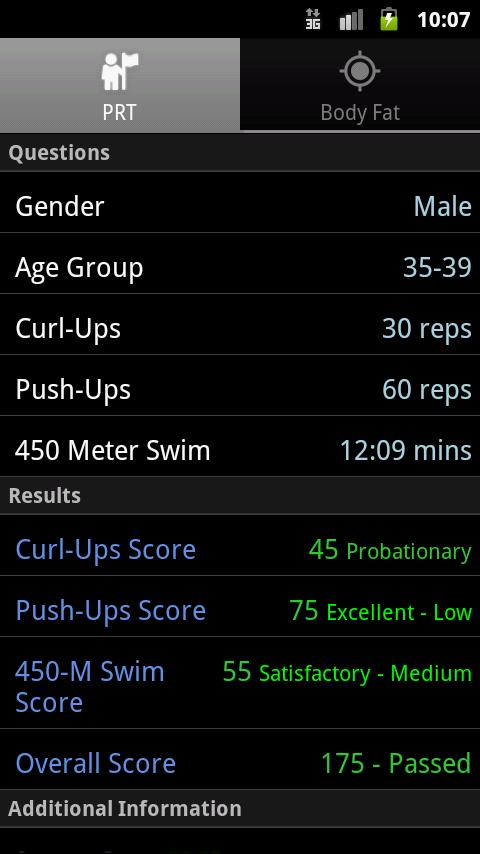 Android application US Navy PRT Calculator screenshort