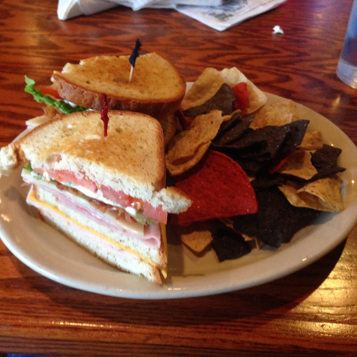 Three layer club with gluten free tri colored corn chips.  Udi bread.  Tasty and quick.