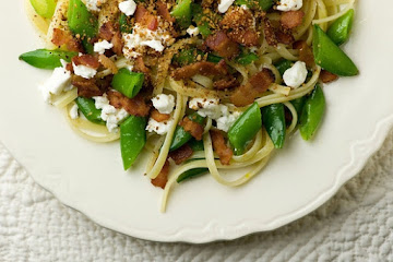 Linguine with Bacon, Goat Cheese and Sugar Snap Peas