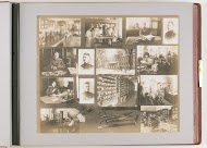 Compositie van veertien foto's van onderwijs en onderzoek aan de Keizerlijke Militair-Medische Academie, gecombineerd met medische instrumenten en voorwerpen ter decoratie