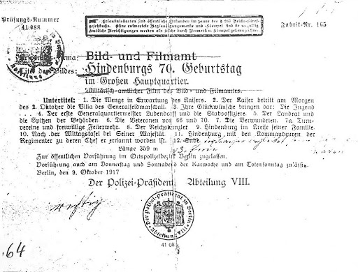 Zensurkarte zum Film "Hindenburgs 70. Geburtstag im Großen Hauptquartier", vom 9. Oktober 1917